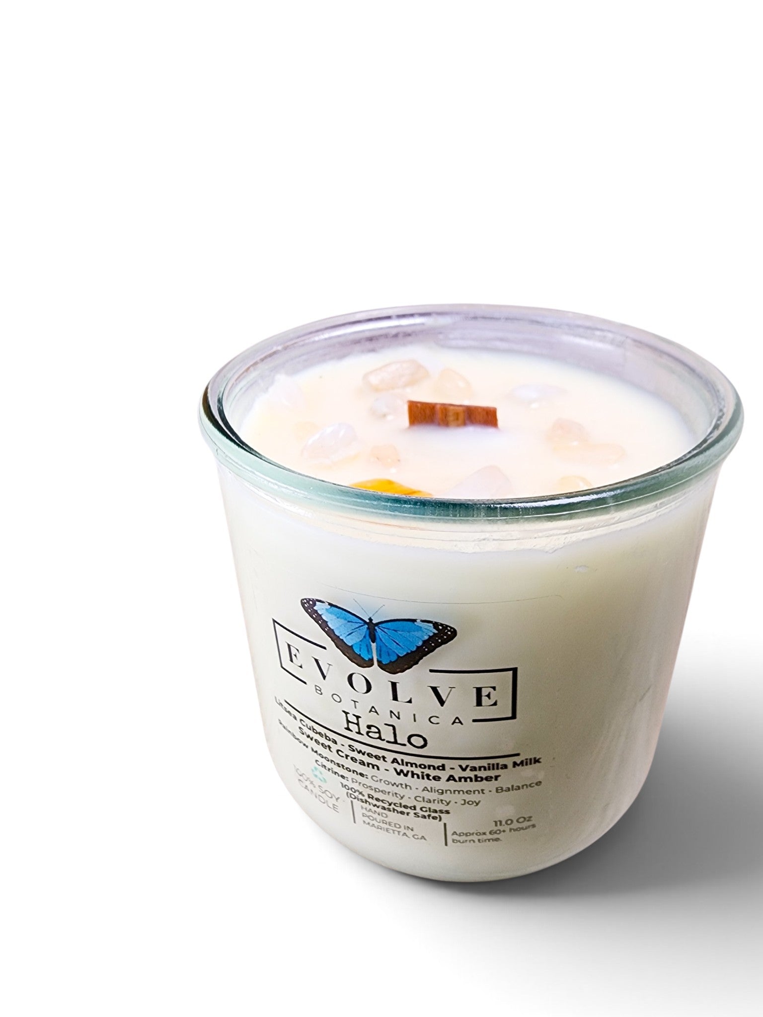 Halo candle angled view on white background