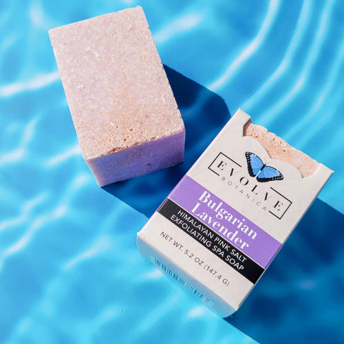 Bulgarian Lavender salt bar styled with fresh lavender sprigs — calming spa soap