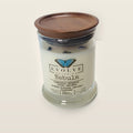 Evolve Botanica Nebula 6.5 oz soy sipper candle with wood lid — cedarwood, bergamot, vanilla and mandarin, hand-poured in Marietta GA