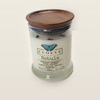Evolve Botanica Nebula 6.5 oz soy sipper candle with wood lid — cedarwood, bergamot, vanilla and mandarin, hand-poured in Marietta GA