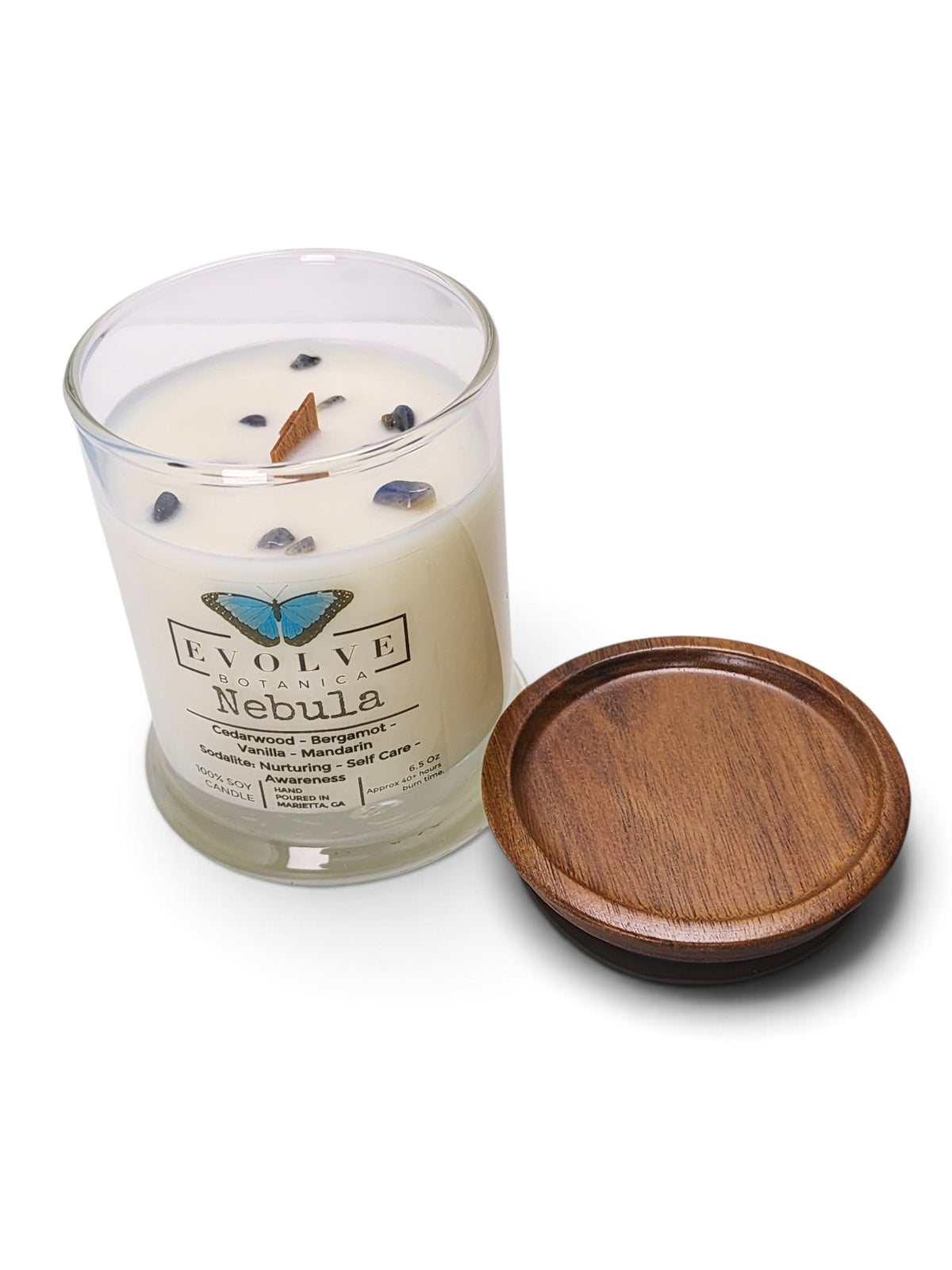 Evolve Botanica Nebula soy candle white background angled
