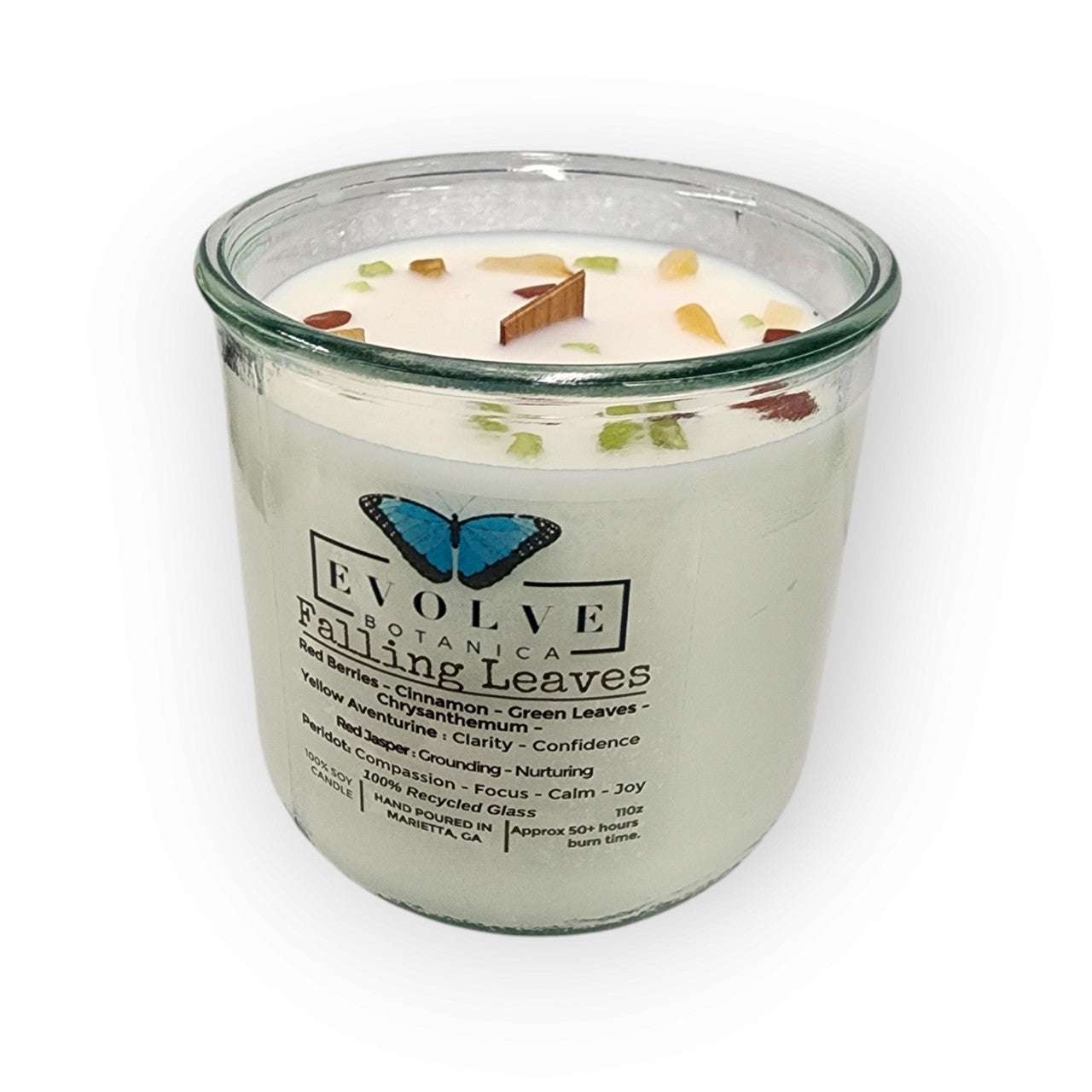 Rocks Candle - Falling Leaves (Wood Wick, Peridot, Red Jasper, & Yellow Aventurine Gemstone Soy Candle)