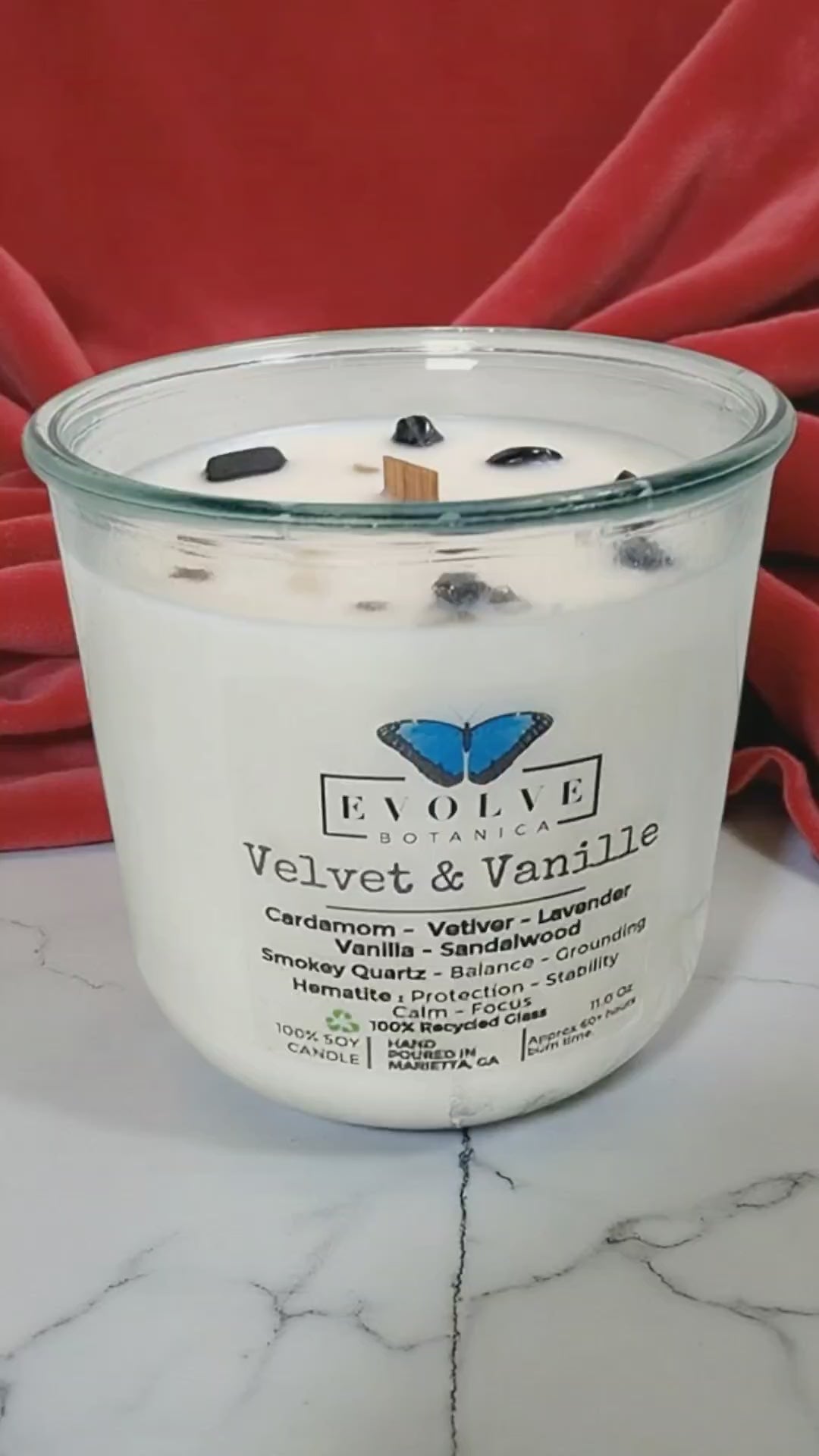 Rocks Candle - Velvet & Vanille (Wood Wick Soy Candle Smoky Quartz Hematite)