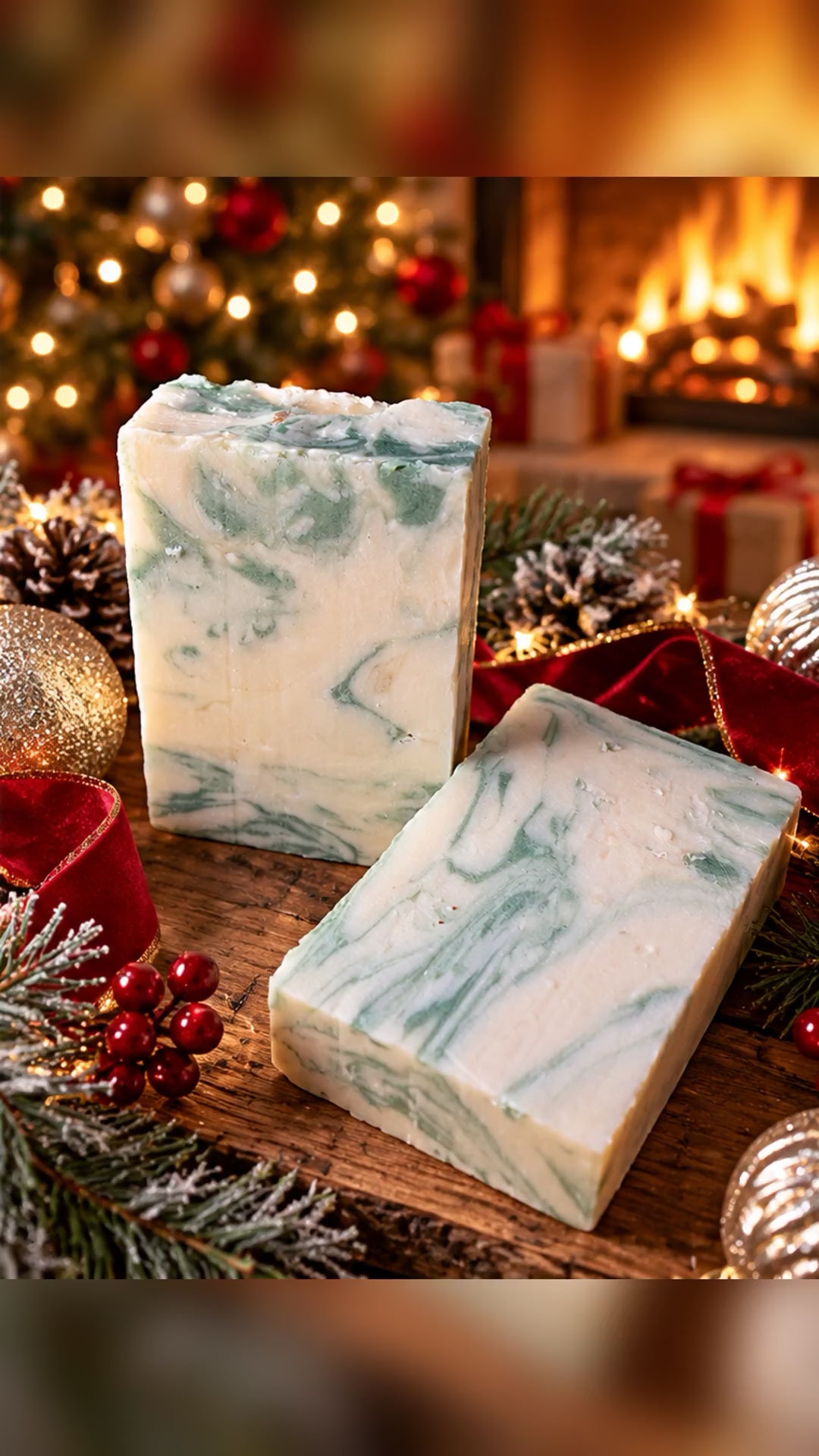 Video panning across Silver Spruce shea butter soap bars in a cozy Christmas fireside scene