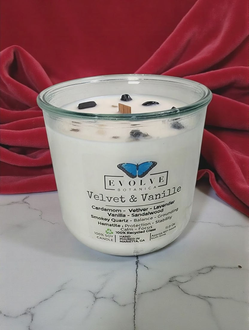Rocks Candle - Velvet & Vanille (Wood Wick Soy Candle Smoky Quartz Hematite)