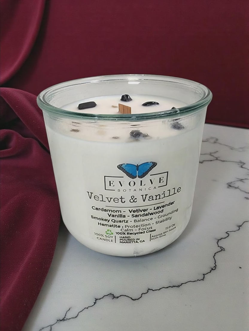 Rocks Candle - Velvet & Vanille (Wood Wick Soy Candle Smoky Quartz Hematite)