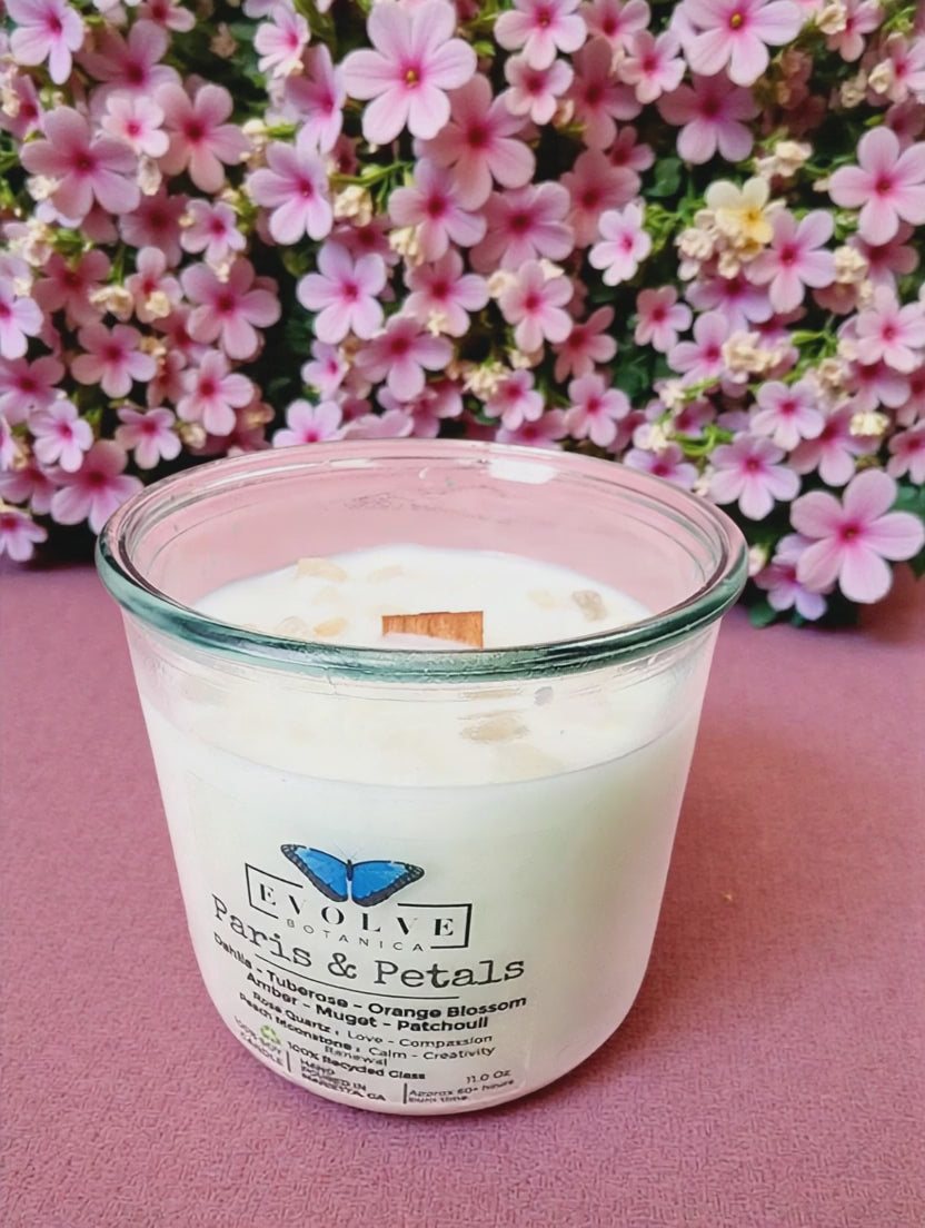 Rocks Candle - Paris & Petals (Wood Wick Soy Candle Rose Quartz Peach Moonstone)