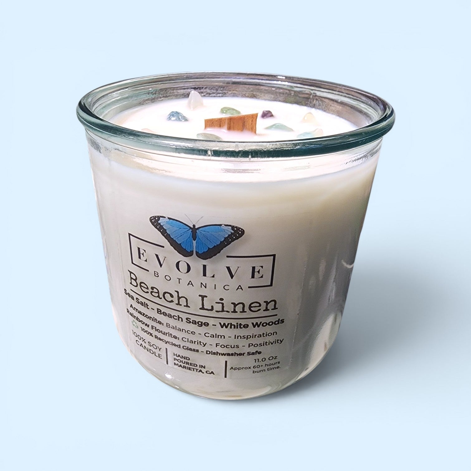 Rocks Candle - Beach Linen (Wood Wick Amazonite & Rainbow Fluorite Gemstone Soy Candle)