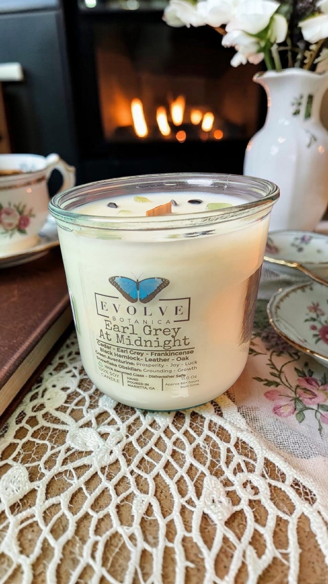 Rocks Candle - Earl Grey at Midnight (Wood Wick Soy Candle Snowflake Obsidian Green Aventurine)