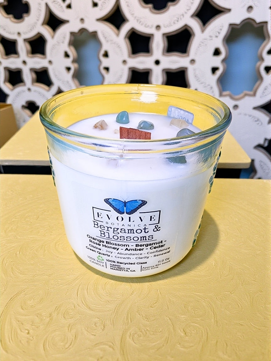 Rocks Candle - Bergamot & Blossoms (Wood Wick, Citrine, Green Quartz, Soy Candle)