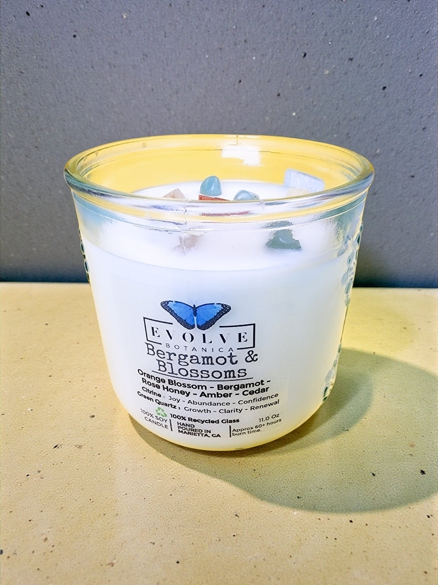 Rocks Candle - Bergamot & Blossoms (Wood Wick, Citrine, Green Quartz, Soy Candle)