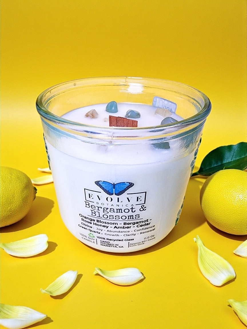 Rocks Candle - Bergamot & Blossoms (Wood Wick, Citrine, Green Quartz, Soy Candle)