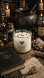 Spellbound Rocks candle with Black Tourmaline crystal — amber, tobacco flower & raw honey scent