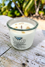 Coconut Water & Pineapple Rocks candle on driftwood decking with tropical greenery behind — sweet pineapple and creamy coconut soy candle, Evolve Botanica