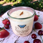 Evolve Botanica Berry Vanilla Rocks Candle — wood wick soy candle topped with Rose Quartz, scented with cherry, vanilla and citrus