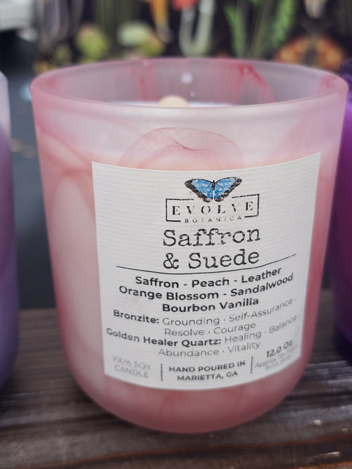 12 Oz Swirl Candle - Saffron & Suede (Wood Wick Soy Candle Bronzite Golden Healer Quartz)