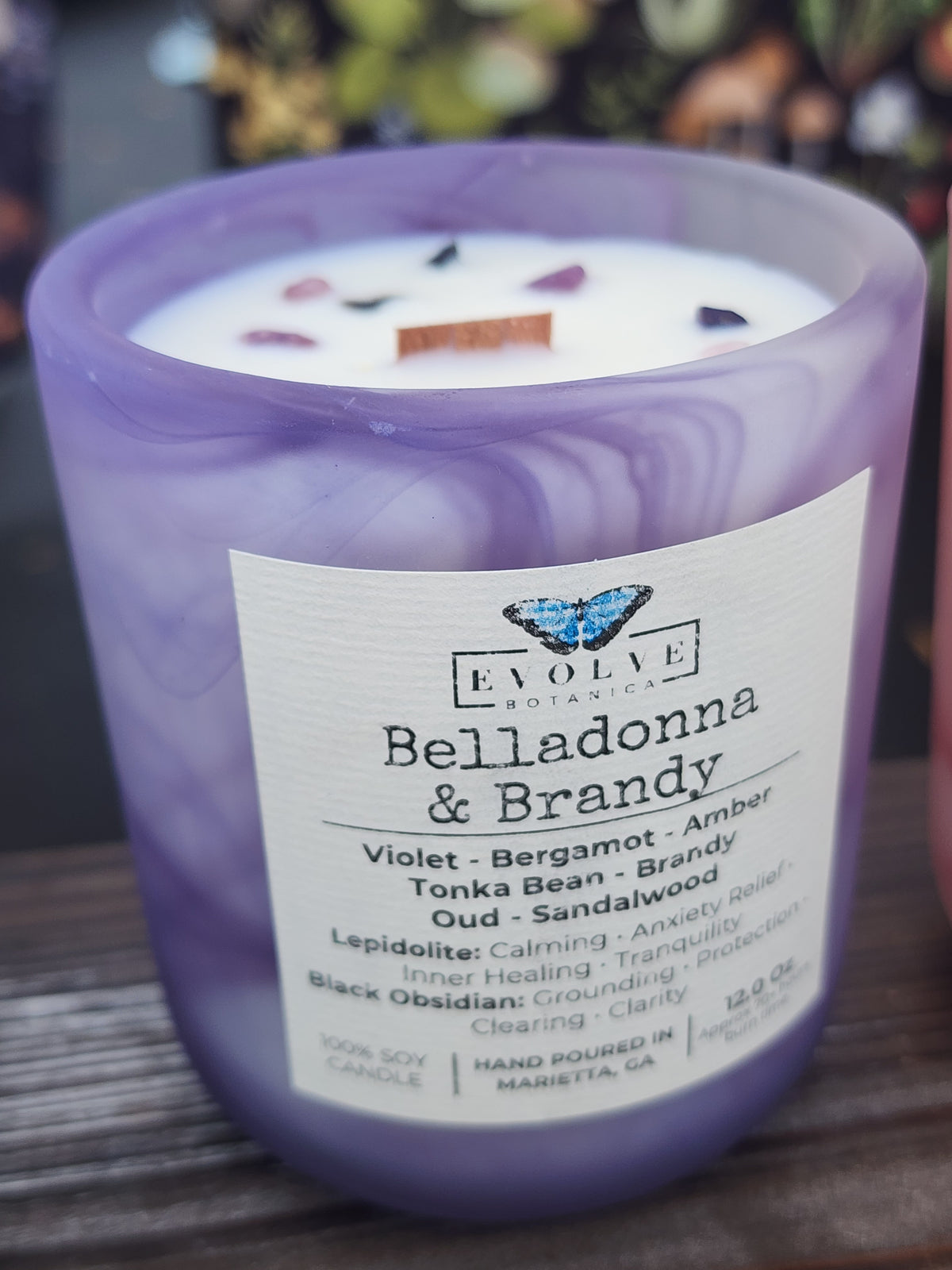 12 Oz Swirl Candle - Belladonna & Brandy (Wood Wick Soy Candle Lepidolite Black Obsidian)