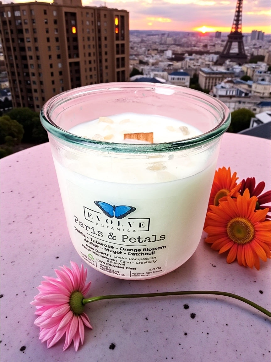 Rocks Candle - Paris & Petals (Wood Wick Soy Candle Rose Quartz Peach Moonstone)