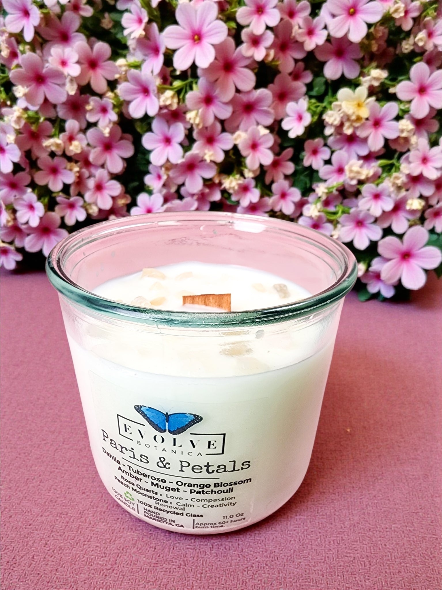 Rocks Candle - Paris & Petals (Wood Wick Soy Candle Rose Quartz Peach Moonstone)