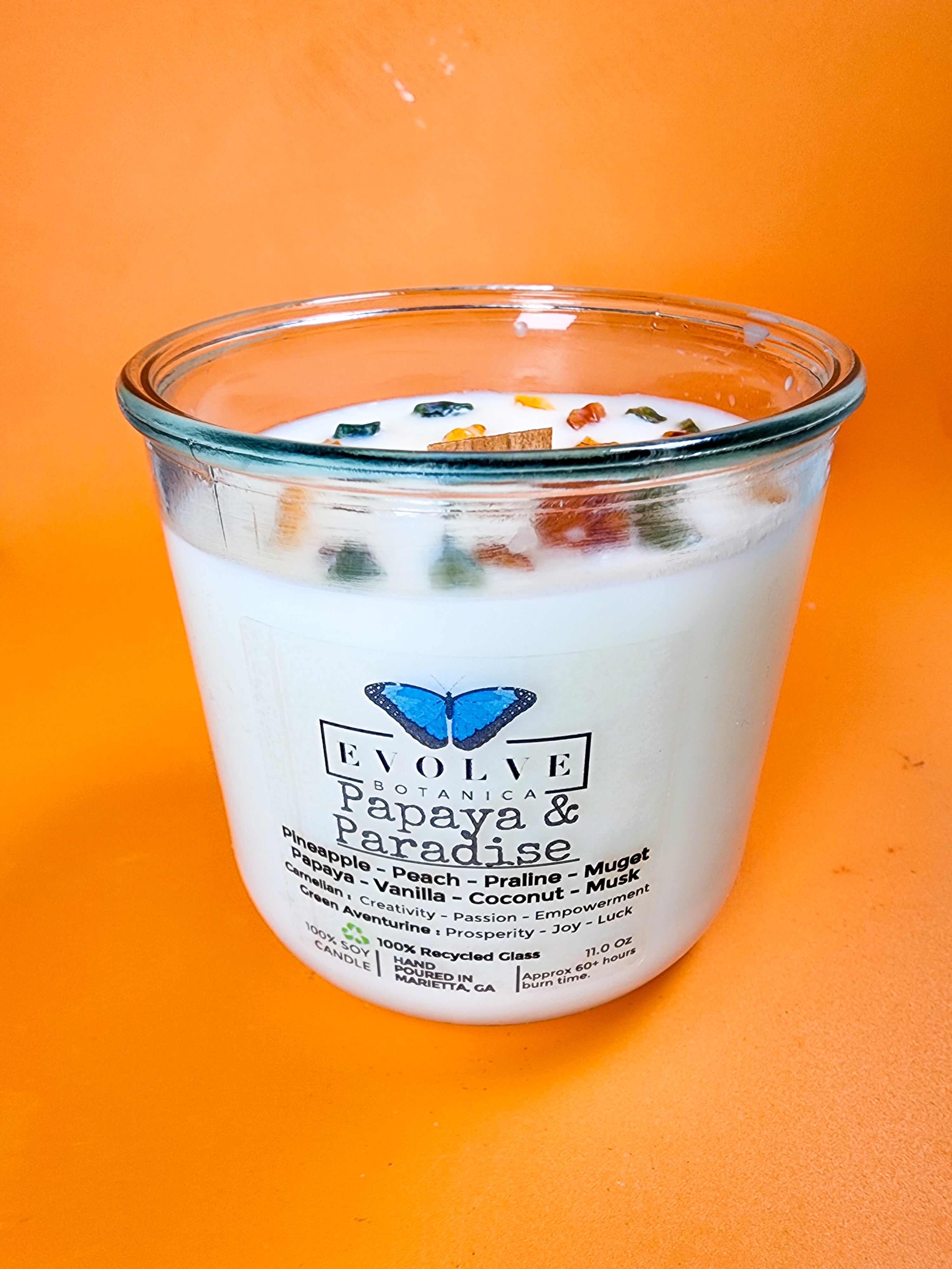 Rocks Candle - Papaya & Paradise (Wood Wick Soy Candle Carnelian Green Aventurine)