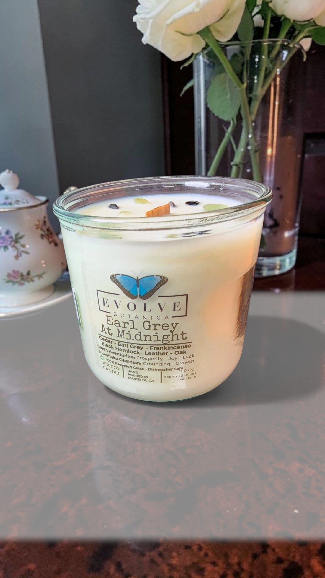 Rocks Candle - Earl Grey at Midnight (Wood Wick Soy Candle Snowflake Obsidian Green Aventurine)