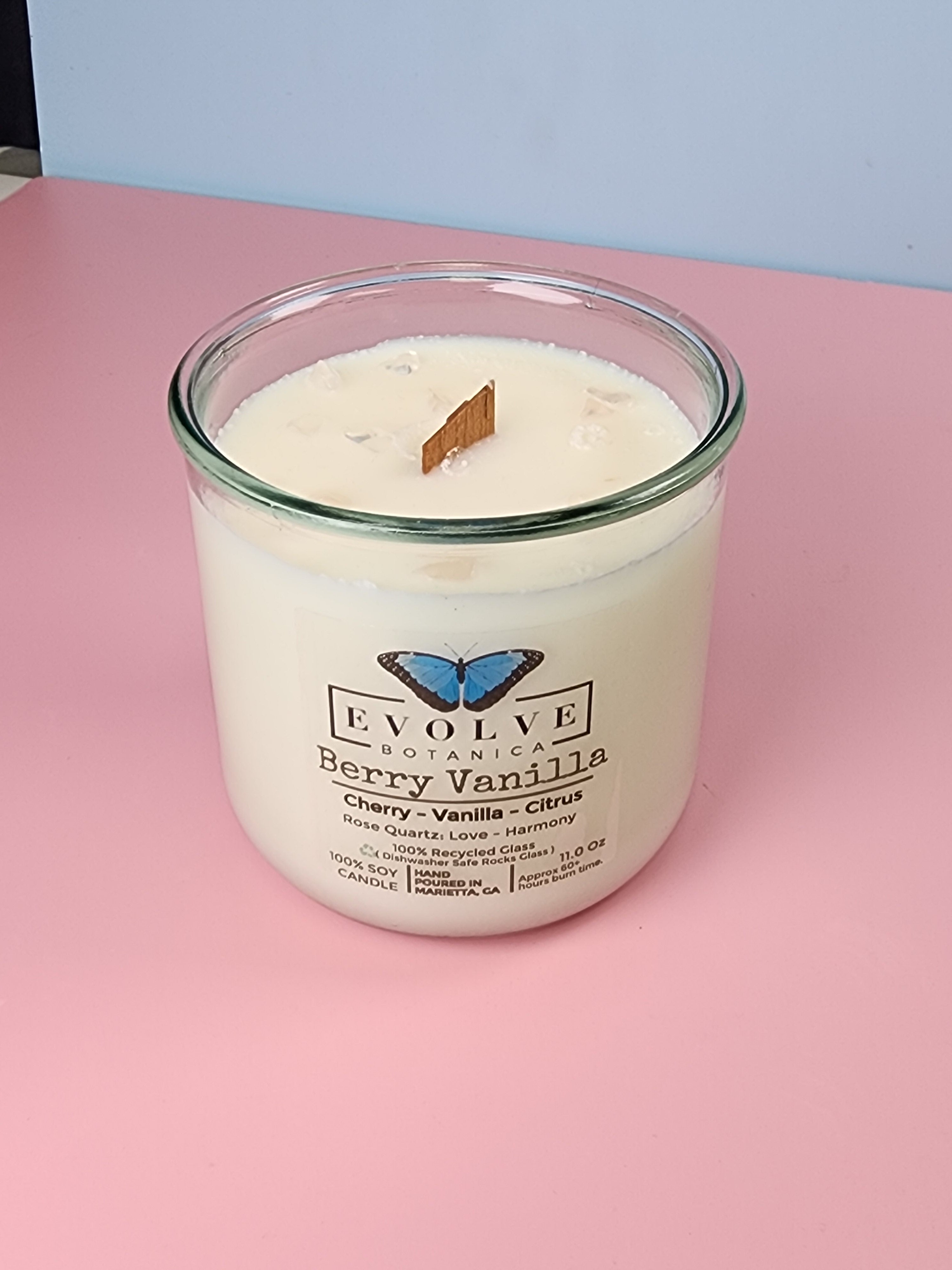 Evolve Botanica Berry Vanilla Rocks Candle — wood wick soy candle topped with Rose Quartz, scented with cherry, vanilla and citrus