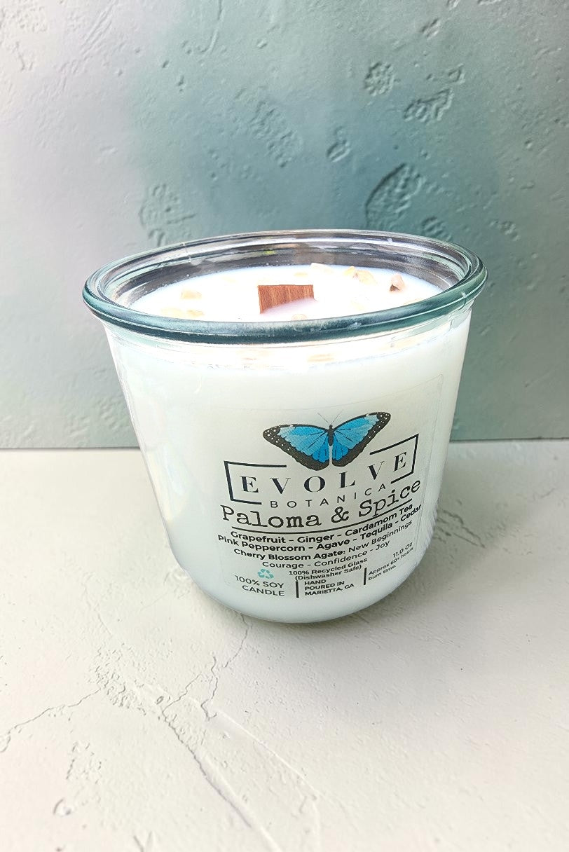 Rocks Candle – Paloma & Spice (Wood Wick, Cherry Blossom Agate Gemstone Soy Candle)
