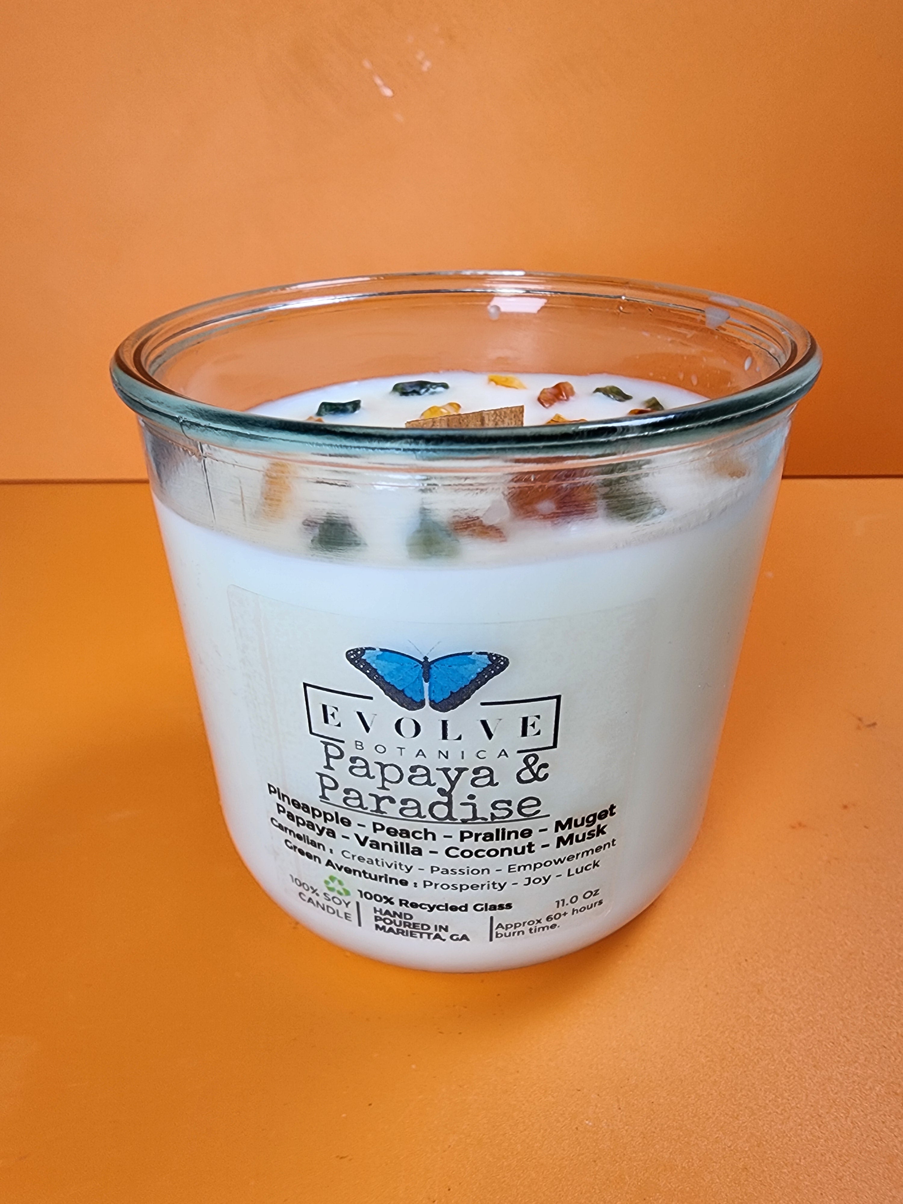 Rocks Candle - Papaya & Paradise (Wood Wick Soy Candle Carnelian Green Aventurine)