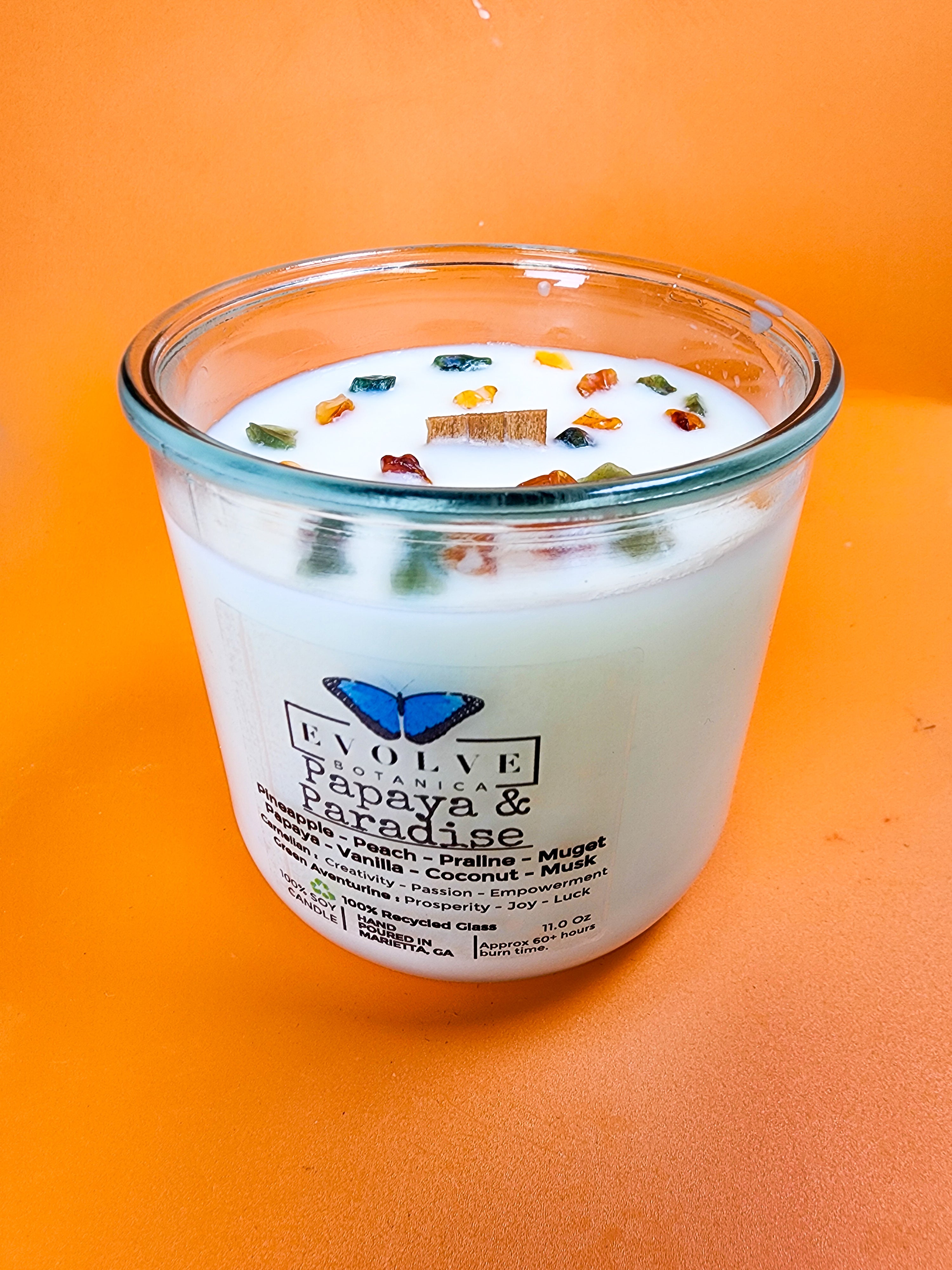 Rocks Candle - Papaya & Paradise (Wood Wick Soy Candle Carnelian Green Aventurine)