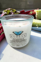 Rocks Candle – Rhubarb & Pandan Cake (Wood Wick, Rhyolite & Pink Aventurine, Soy Candle)