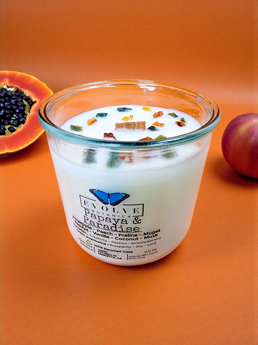 Rocks Candle - Papaya & Paradise (Wood Wick Soy Candle Carnelian Green Aventurine)