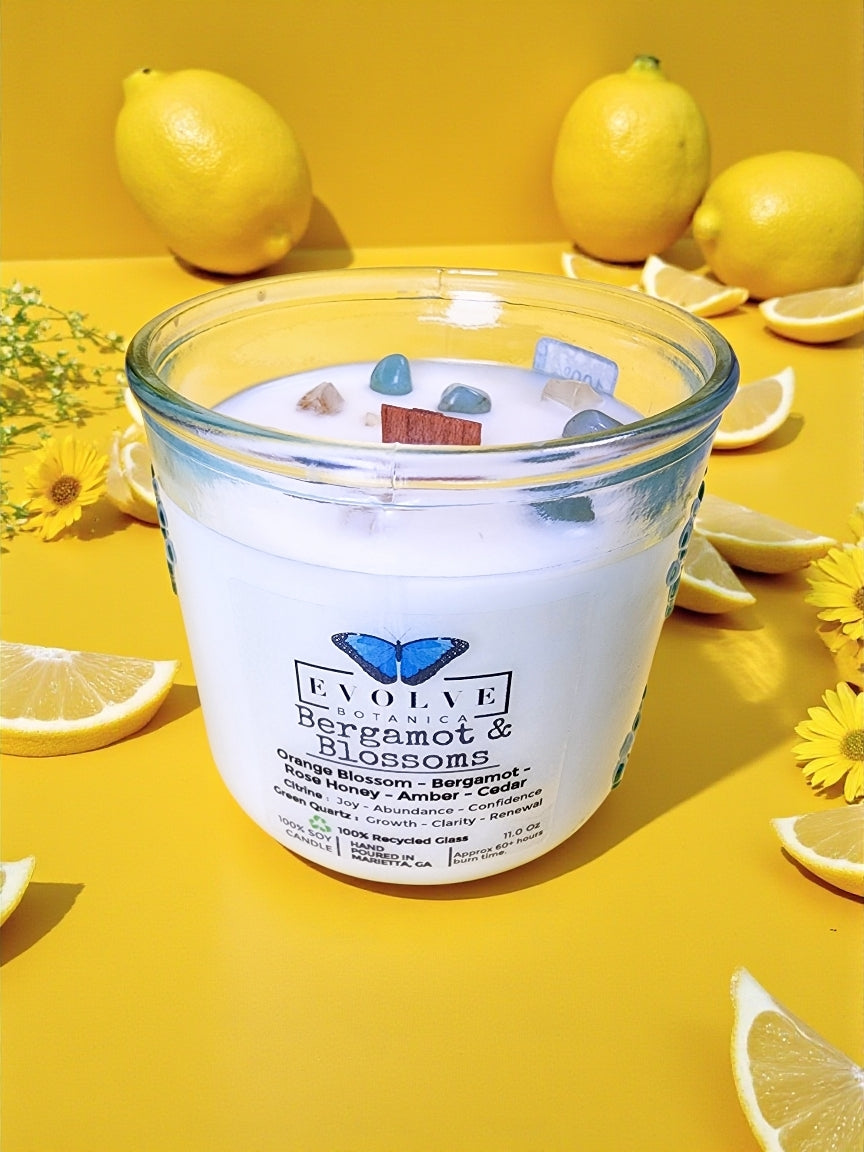 Rocks Candle - Bergamot & Blossoms (Wood Wick, Citrine, Green Quartz, Soy Candle)