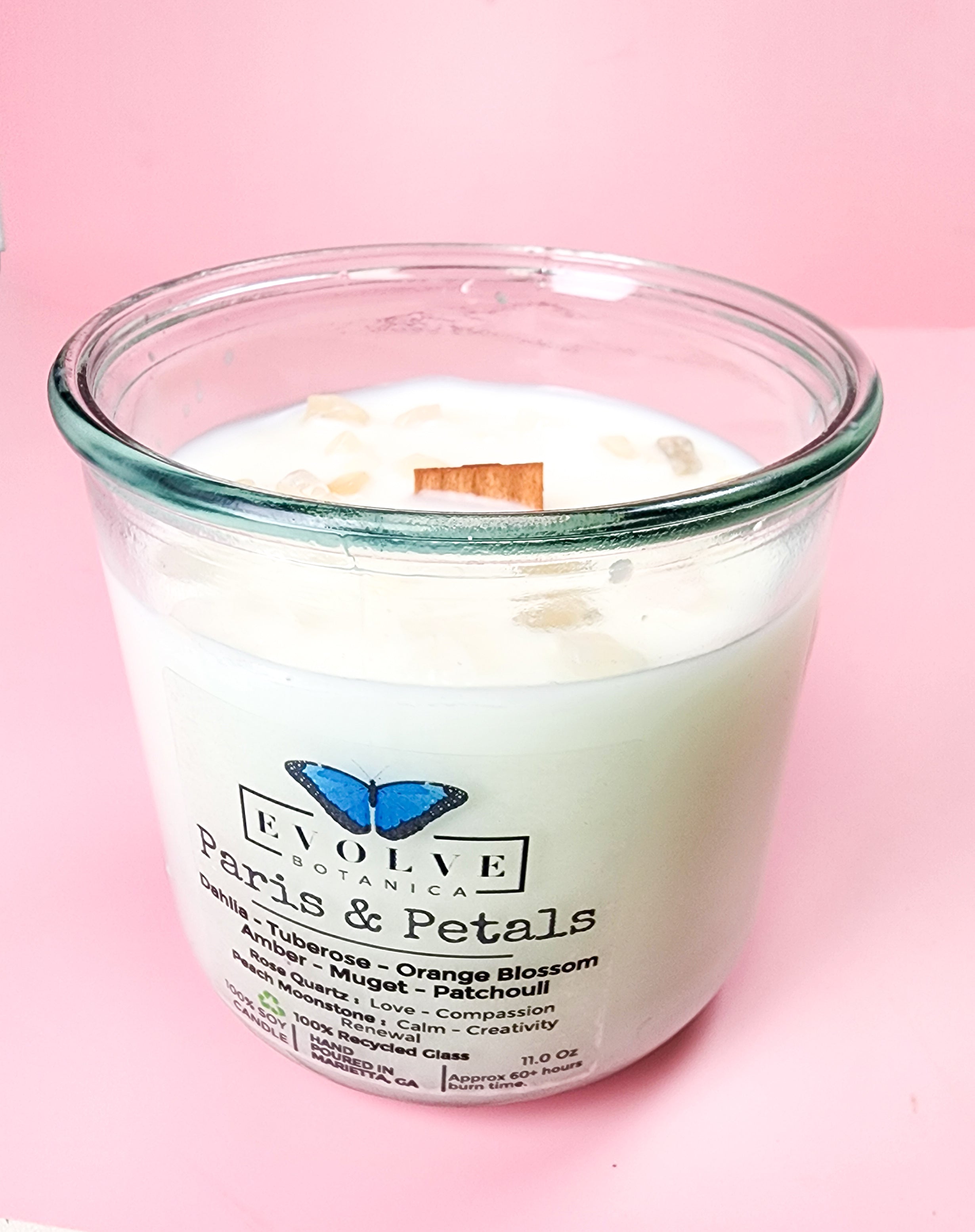 Rocks Candle - Paris & Petals (Wood Wick Soy Candle Rose Quartz Peach Moonstone)