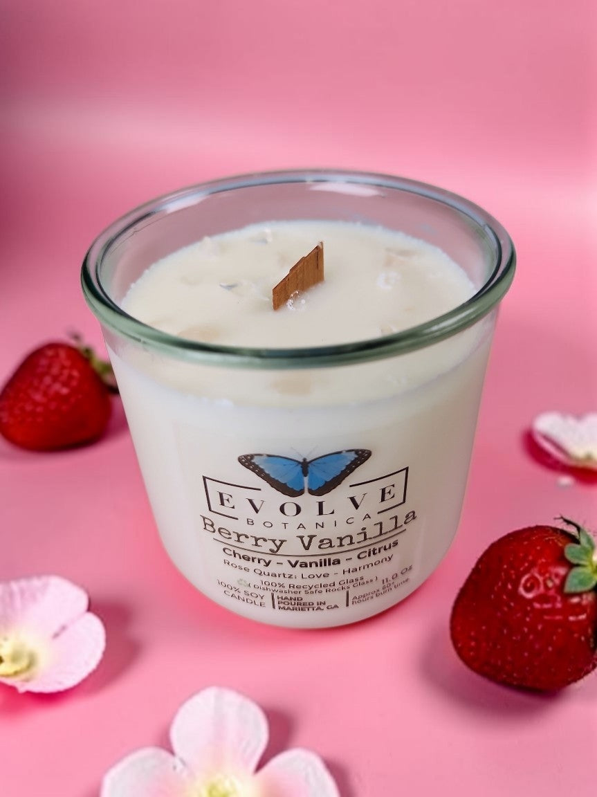 Evolve Botanica Berry Vanilla Rocks Candle — wood wick soy candle topped with Rose Quartz, scented with cherry, vanilla and citrus