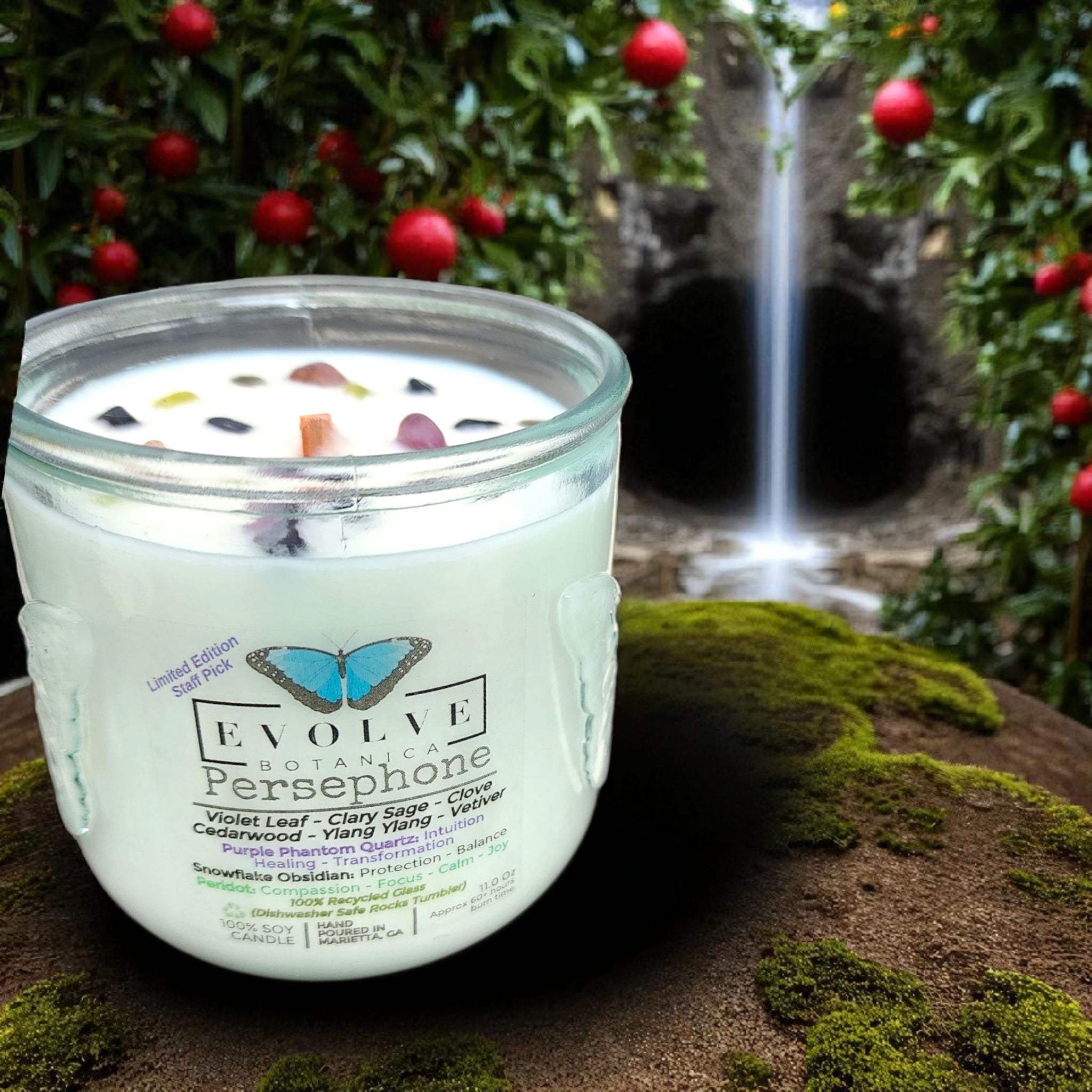Persephone candle top-down — wood wick, mythology-inspired witchy scent
