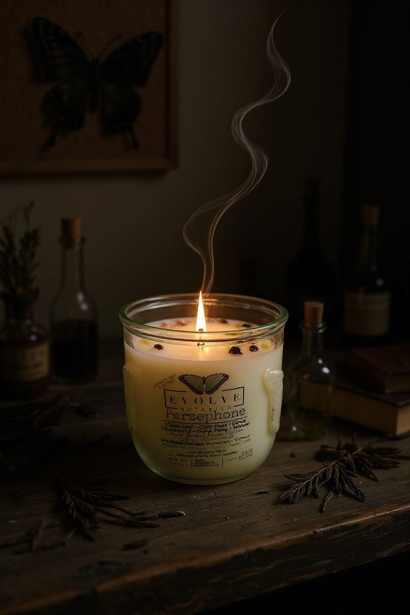 Persephone wood wick soy candle lit — mythical underworld atmosphere