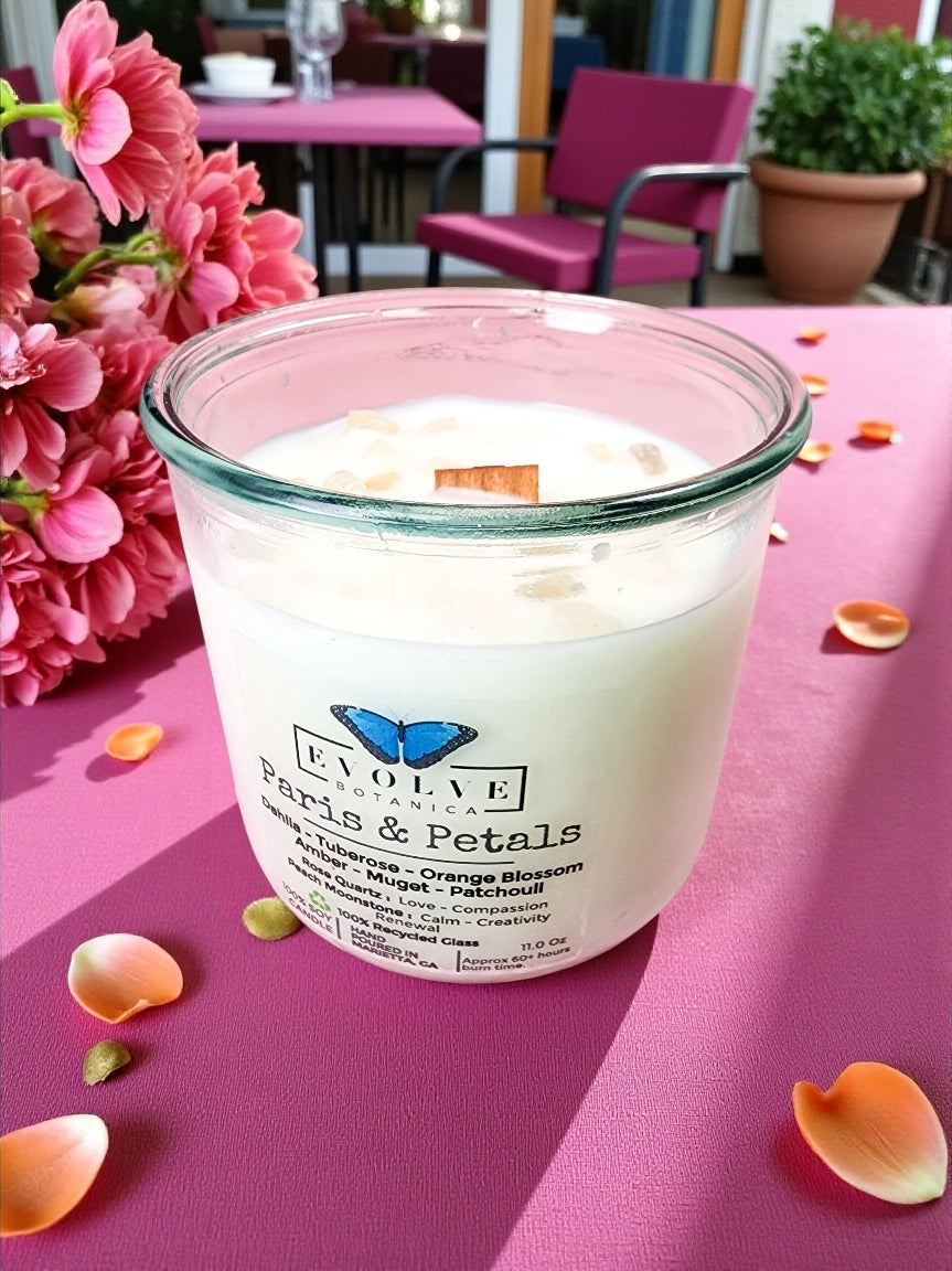 Rocks Candle - Paris & Petals (Wood Wick Soy Candle Rose Quartz Peach Moonstone)