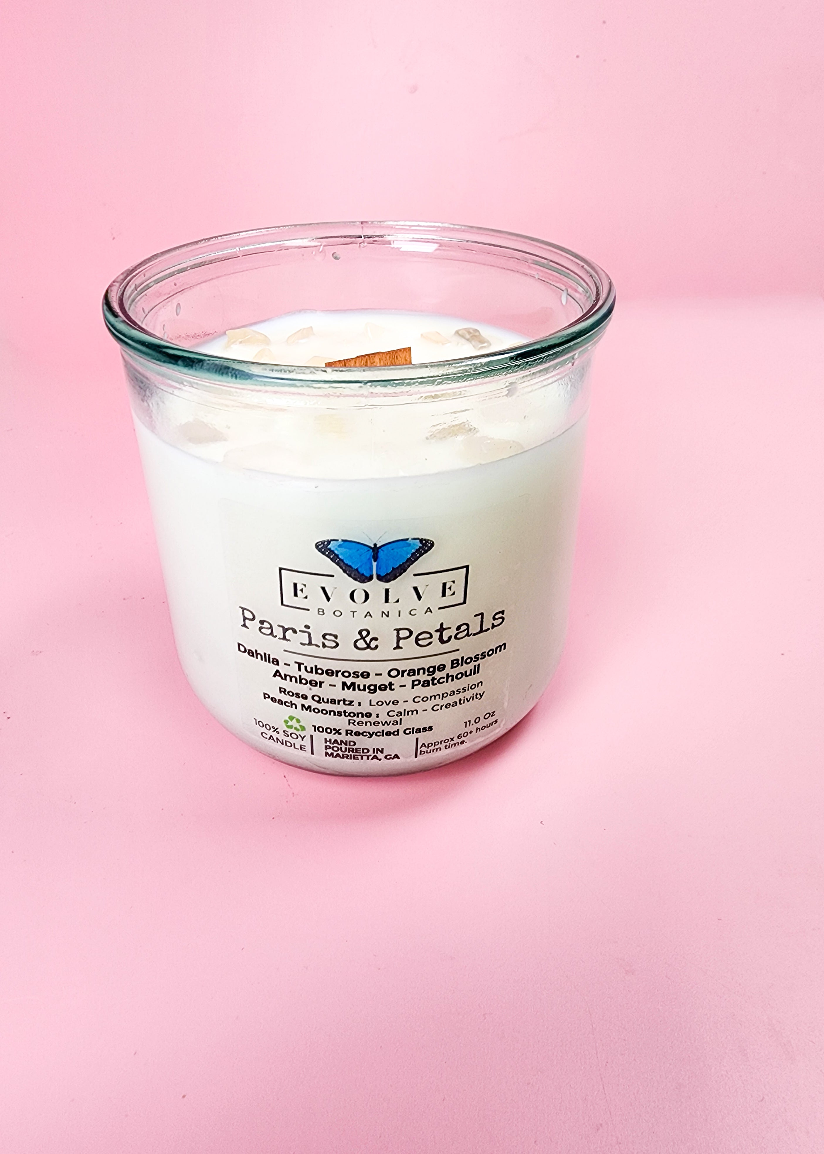 Rocks Candle - Paris & Petals (Wood Wick Soy Candle Rose Quartz Peach Moonstone)