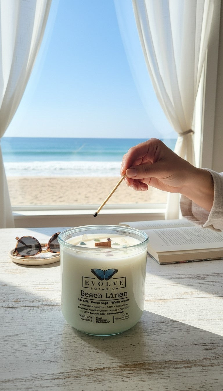 Rocks Candle - Beach Linen (Wood Wick Amazonite & Rainbow Fluorite Gemstone Soy Candle)