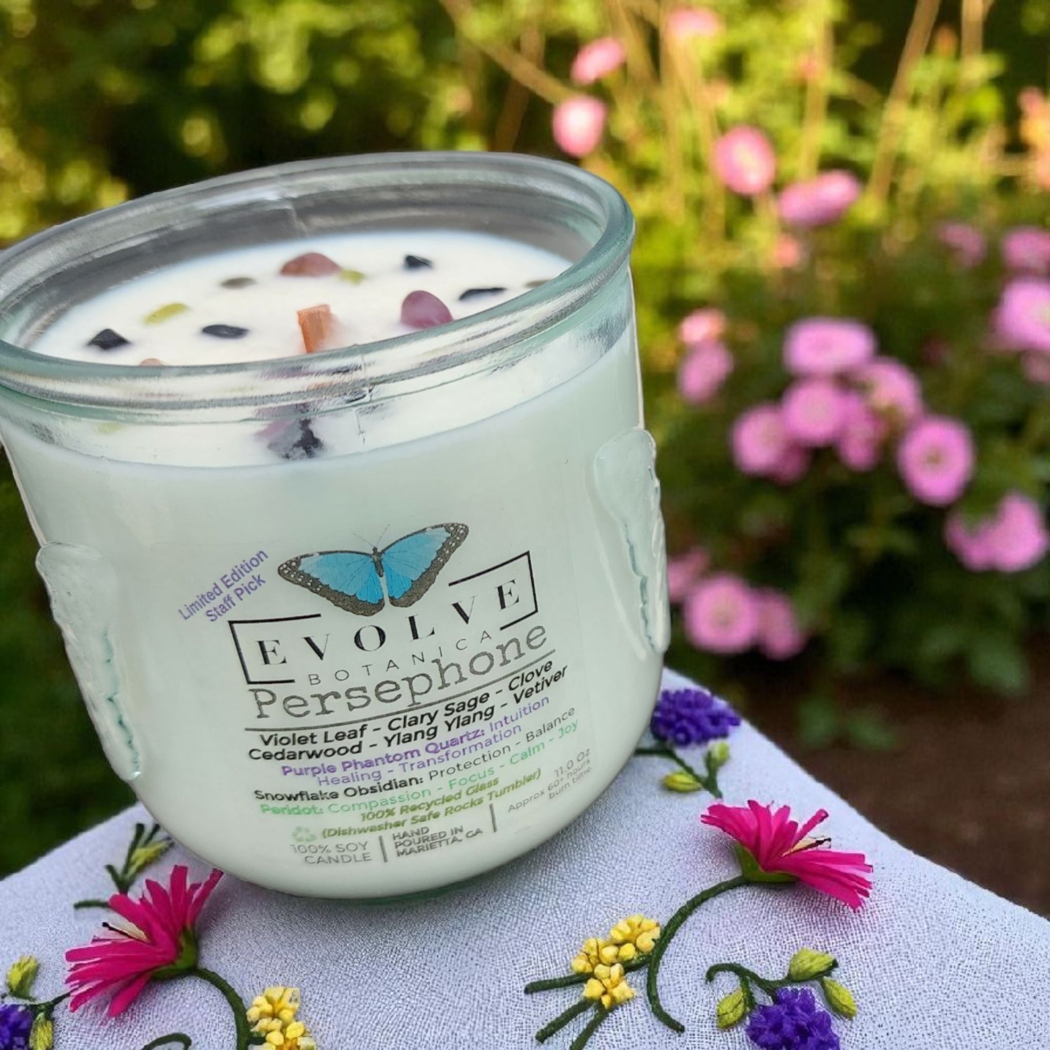 Persephone Rocks candle in Evolve Botanica packaging — limited edition gift