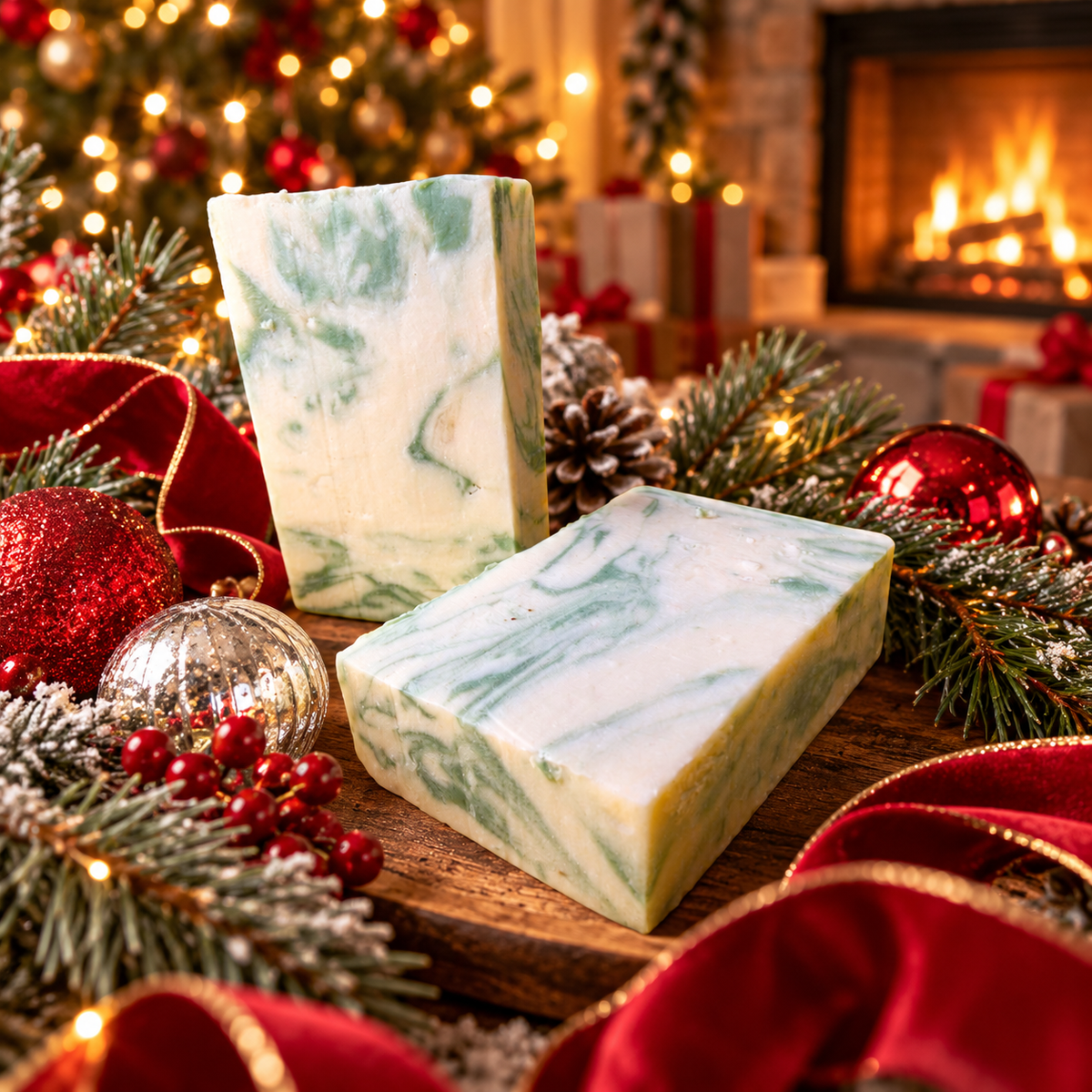 Two Silver Spruce shea butter soap bars with green and cream swirls among frosted pine, red velvet ribbon and ornaments by a fireplace
