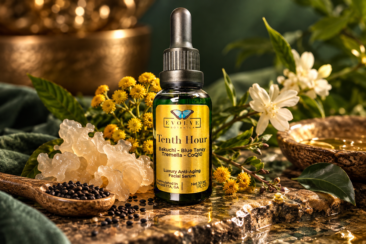 Tenth Hour Bakuchi facial serum in a gradient glass dropper bottle with raw bakuchi seeds, Tremella mushroom, and botanical blooms in a sunlit apothecary setting