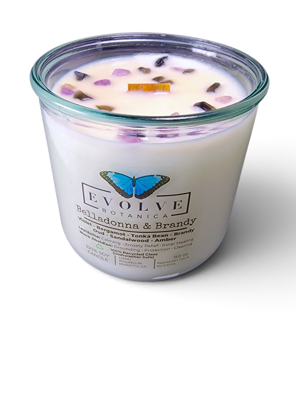 Belladonna and Brandy Rocks Candle front label on white background