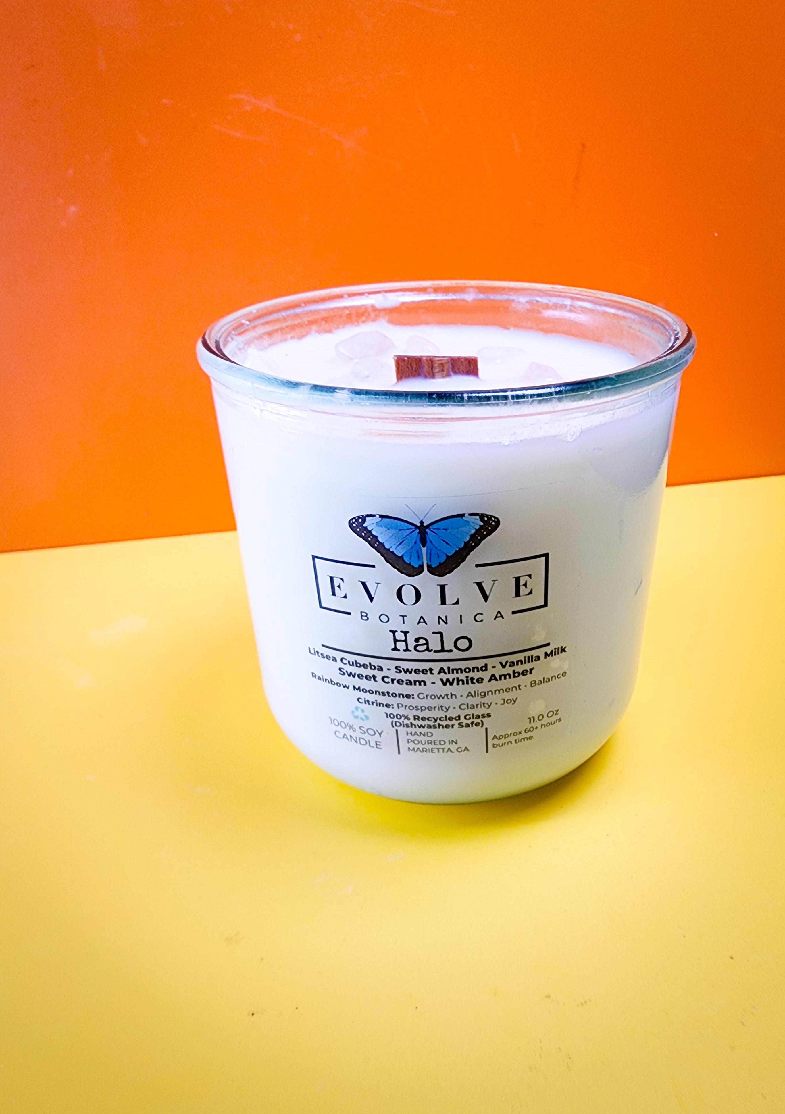 Halo candle label moody studio shot